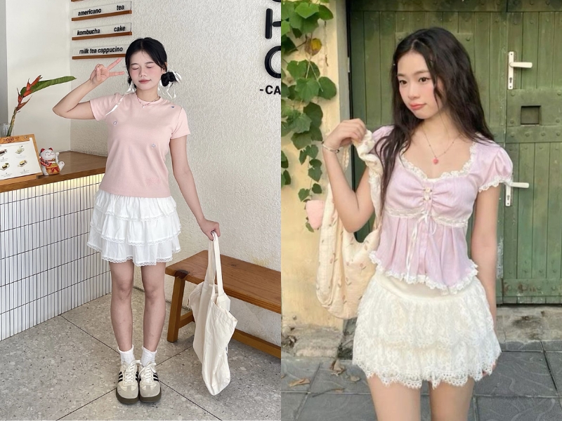 áo màu hồng phối cùng chân váy trắng 