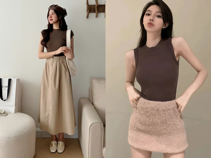 phối đồ với chân váy kaki be kết hợp áo tank top ôm 