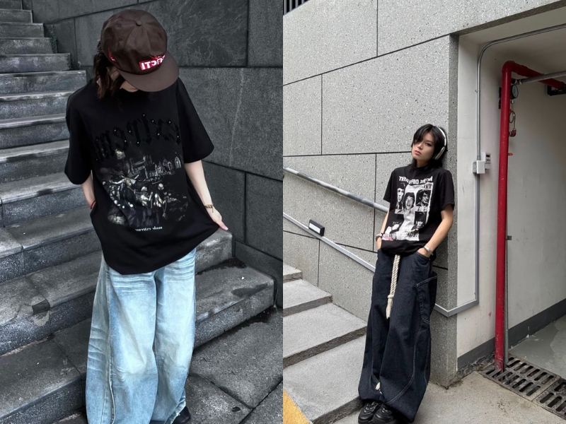 Quần baggy jeans kết hợp áo thun ôm