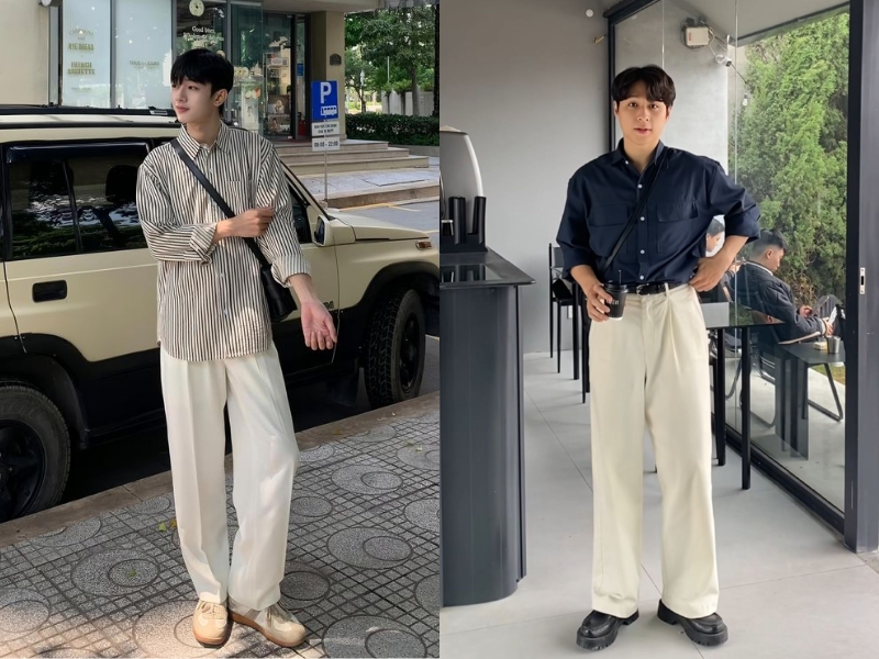 Áo sơ mi kết hợp với quần ống rộng