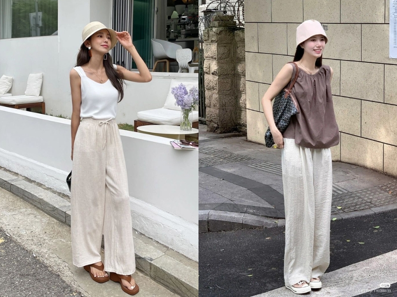 Quần linen ống suông phối với áo sát nách, áo kiểu nữ