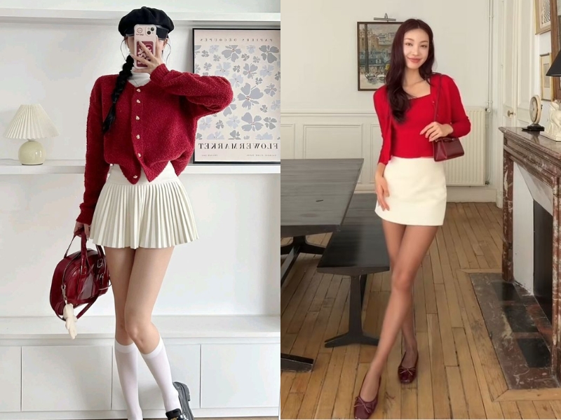 Áo len đỏ phối cùng chân váy trắng