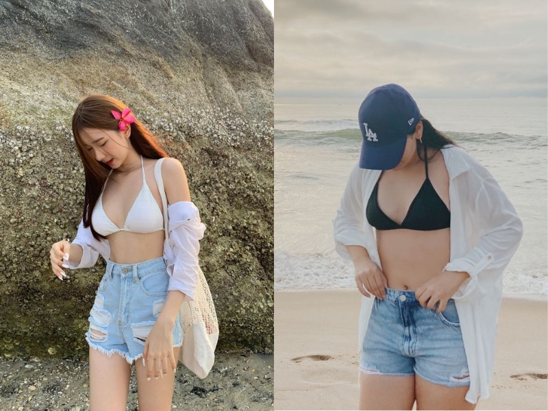 Áo sơ mi khoác ngoài phối cùng áo bikini và quần short 
