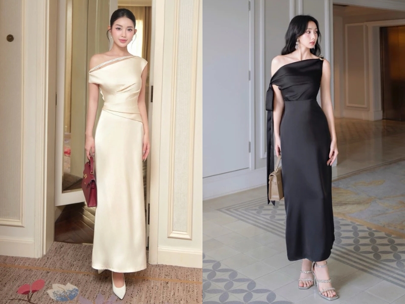 Đầm lụa màu be, màu đen cho nữ đi đám cưới sang trọng