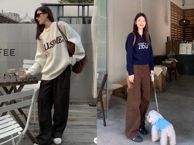 Phối áo sweater và quần ống rộng cạp cao