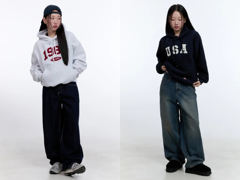 áo hoodie phối với quần ống rộng