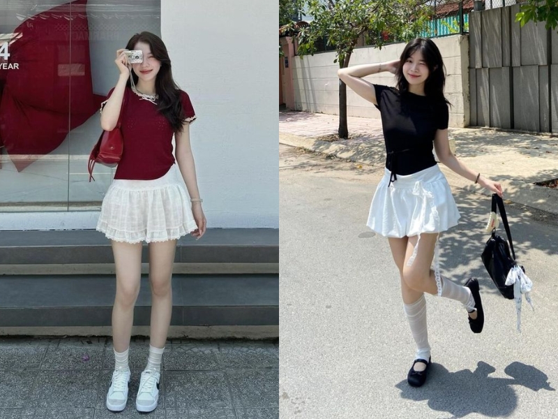 phối áo babytee với chân váy chữ A