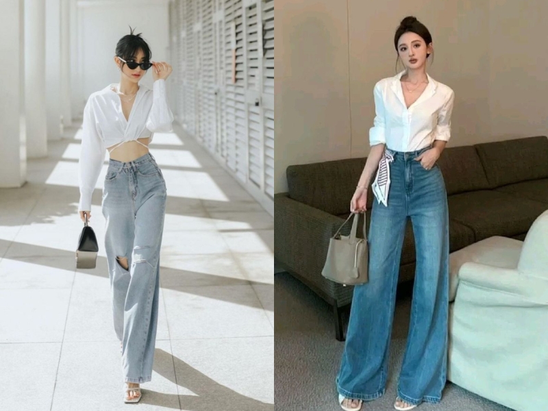 Quần jean cạp cao và áo sơ mi