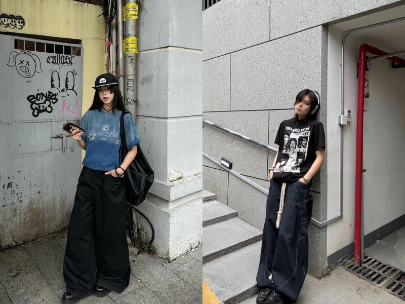 phối đồ với quần baggy jeans nữ kết hợp áo thun