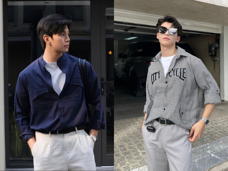 áo thun, áo sơ mi khoác ngoài sơ vin với quần tây nam