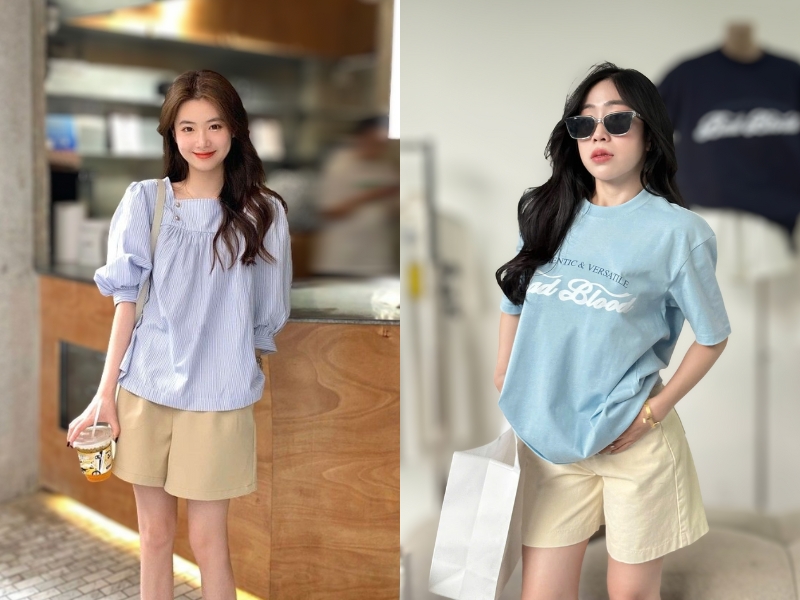 áo màu xanh dương phối với quần short màu be