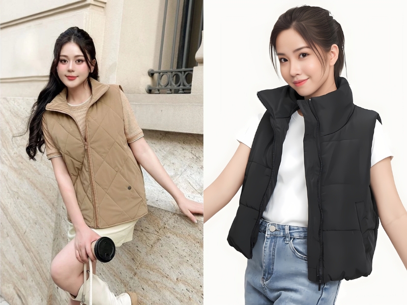 Cách phối áo gile phao nữ với áo len cộc tay