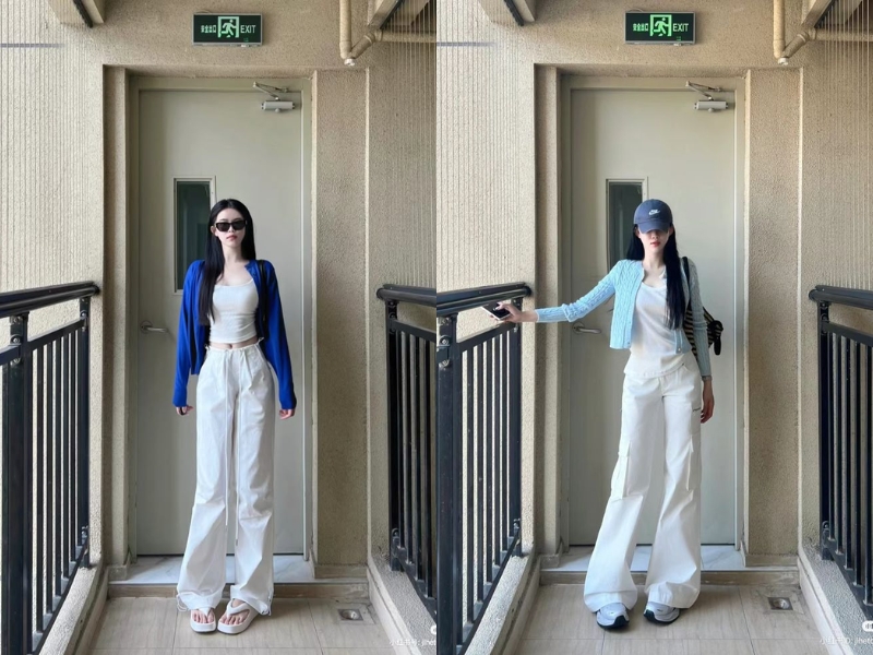 phối áo len cardigan ngắn với quần jean trắng