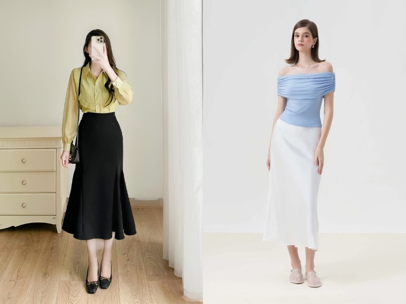 phối đồ với chân váy đuôi cá dài cùng áo sơ mi hoặc áo thun