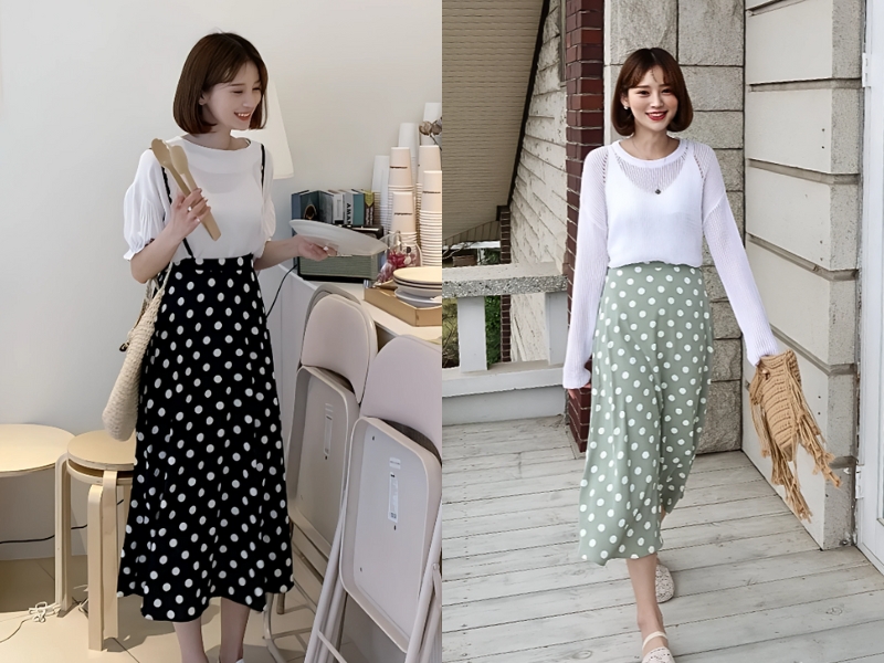 Chân váy midi phối với áo thun cho nữ tóc ngắn