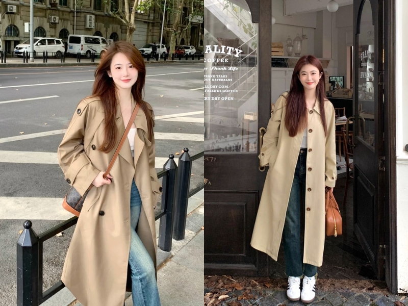 Phối quần jeans ống đứng áo măng tô