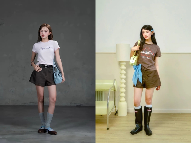 Áo thun baby tee phối cùng với quần short cạp cao