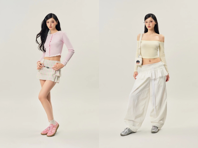 Phối đồ với áo croptop cùng chân váy ngắn hoặc quần ống rộng cho người đồng hồ cát 