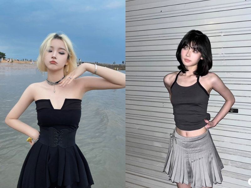 phối đồ sexy cho nữ tóc ngắn với đầm ống, áo hai dây