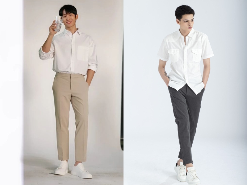 phối đồ với áo sơ mi và quần tây đi đám cưới