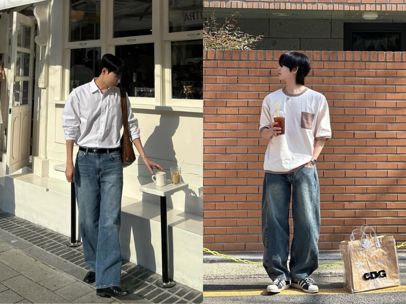 style nam đơn giản phối áo sơ mi/áo thun và quần jean