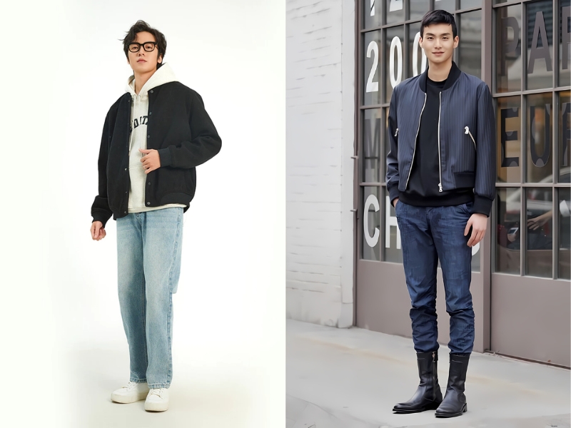 style nam ngầu phối cùng quần jean và áo khoác bomber nam