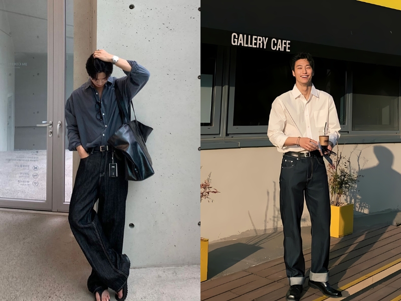 Phối đồ với quần jean nam ống rộng và áo sơ mi sơ vin 