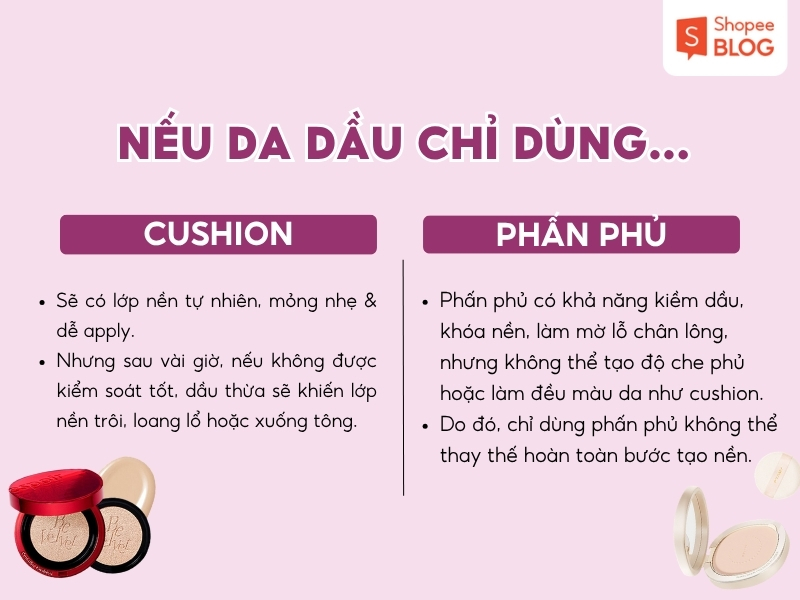 da dầu nên dùng cushion hay phần phủ