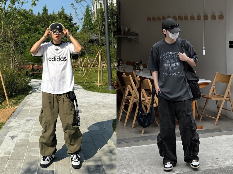 Cách phối đồ nam với áo thun form rộng và quần cargo