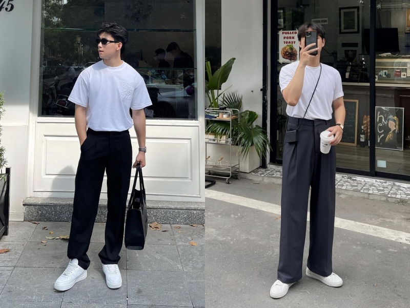 phối áo thun trắng và quần đen nam