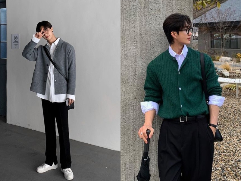 Áo cardigan nam phối cùng áo sơ mi