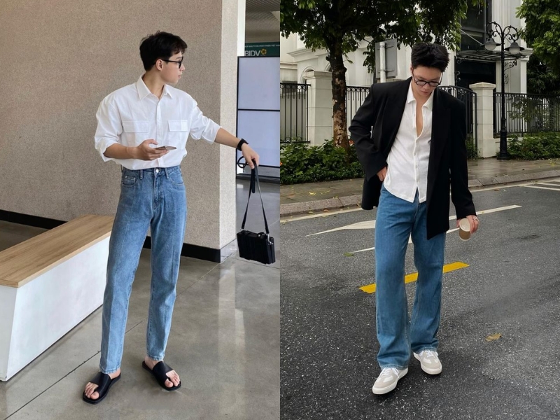 Áo sơ mi trắng phối quần jean ống suông