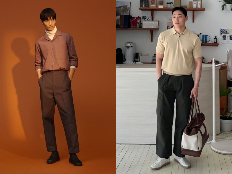 phối đồ style vintage nam với màu áo nâu hoặc be