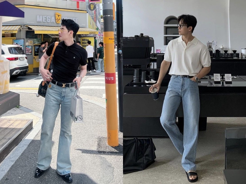 quần jean xanh nam phối áo polo