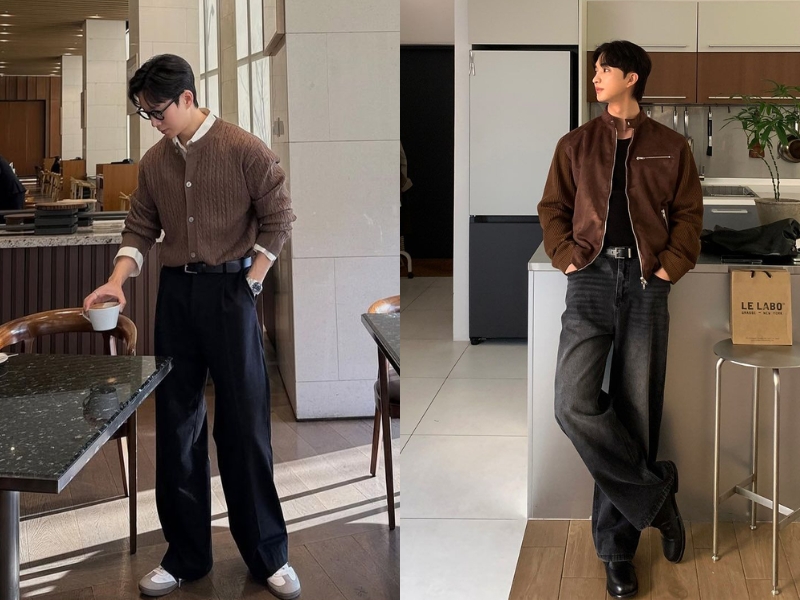 Phối áo khoác nâu với quần đen nam