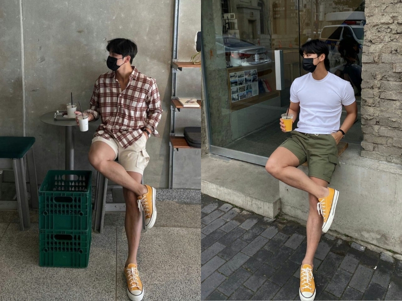 Phối giày Converse cổ thấp màu vàng với quần short 