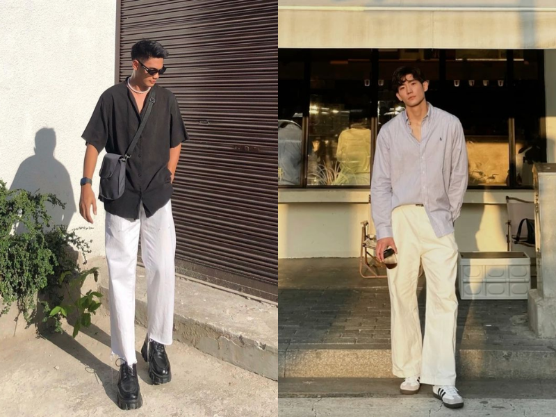 Quần jean trắng nam phối với áo sơ mi