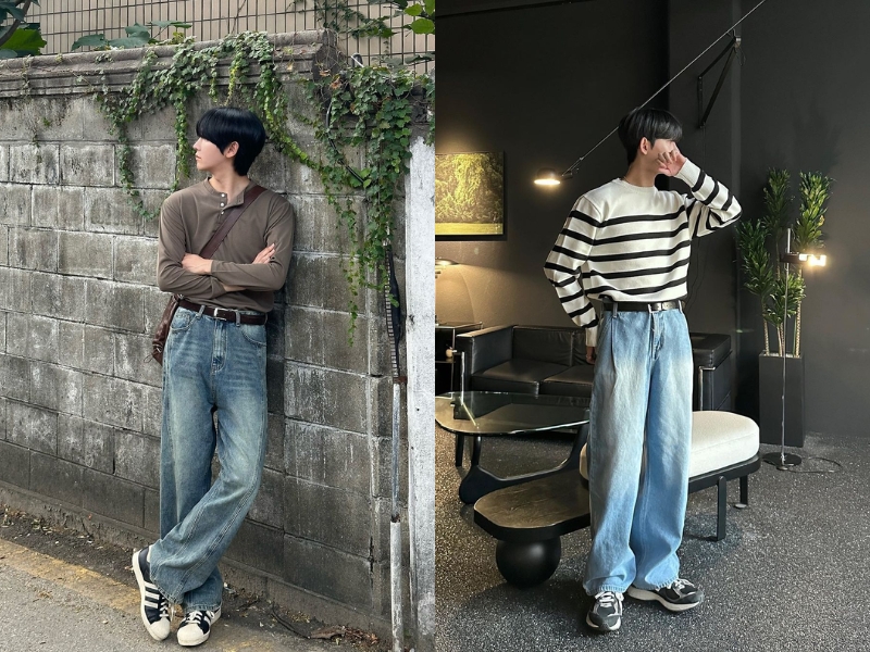 Style nam đơn giản phối áo thun dài tay và quần jean