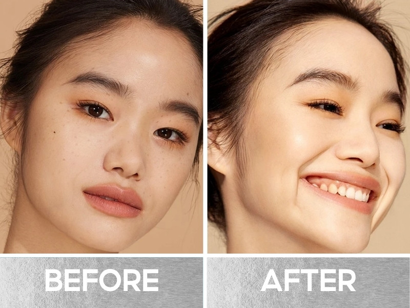 Trước và sau khi đánh kem nền Mistine bạc