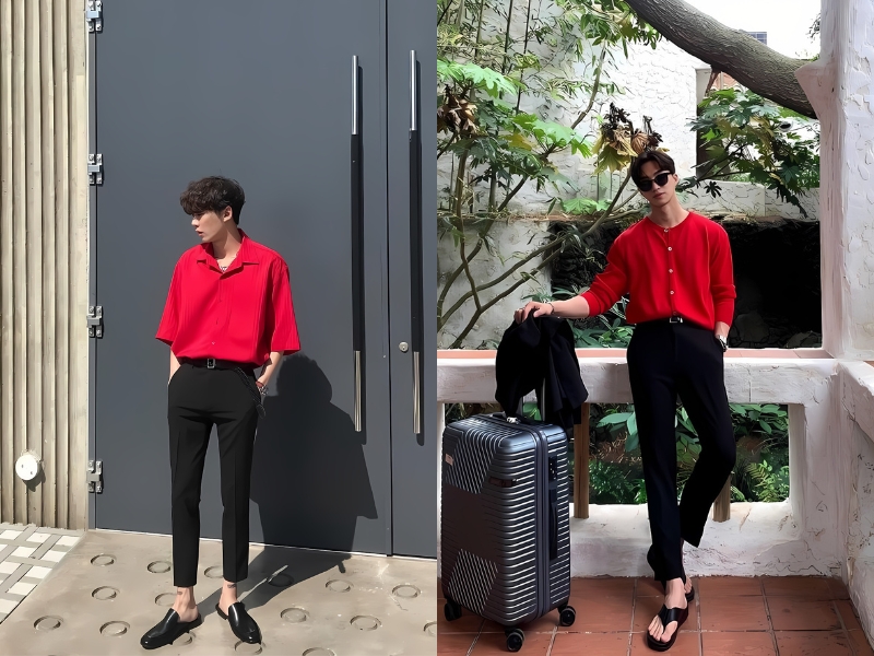 Đàn ông da ngăm đen nên mặc áo màu gì? outfit phối áo màu đỏ kết hợp quần đen da ngăm
