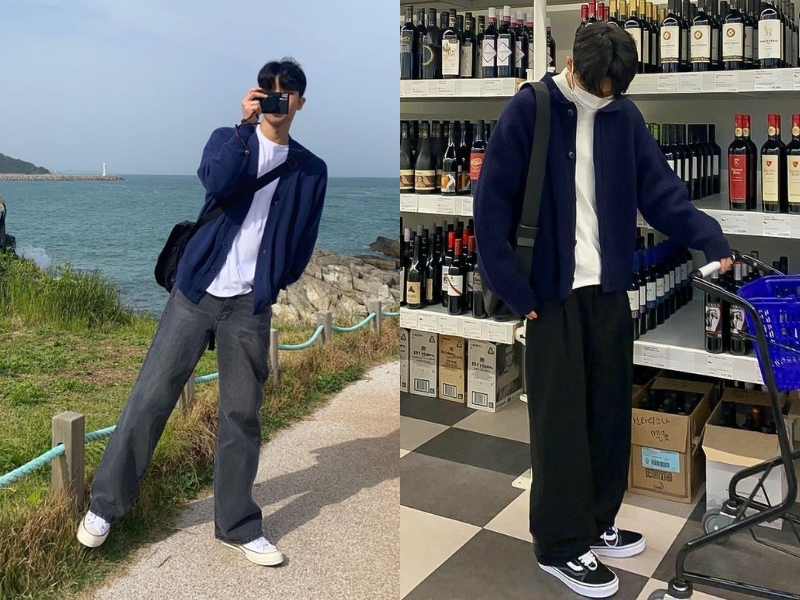 Quần ống suông phối cùng áo cardigan nam