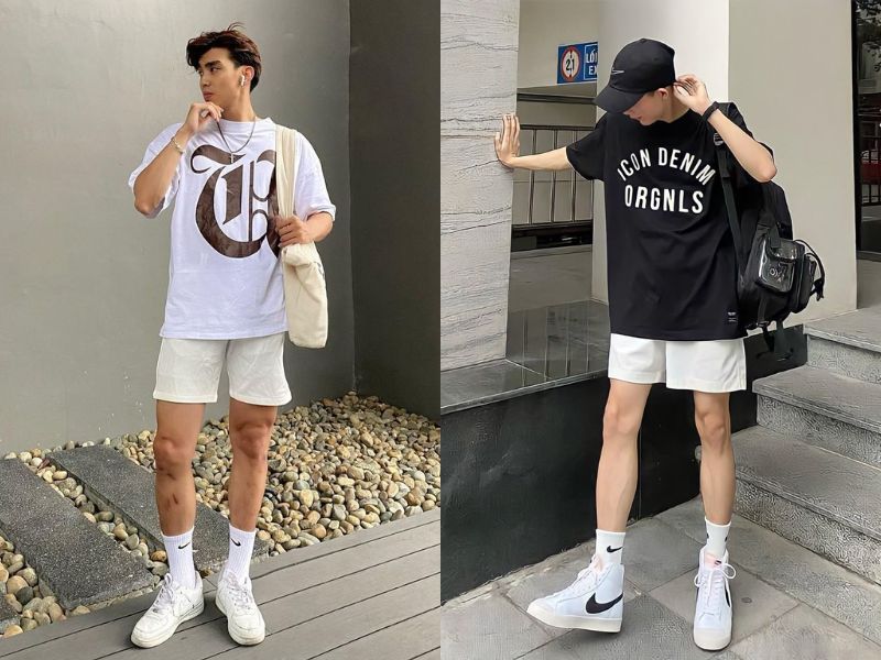 cách phối đồ với quần short kaki nam cùng áo thun