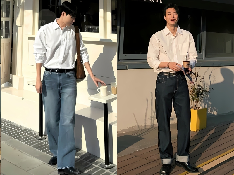 Phối đồ đi đám cưới với quần jean và sơ mi trắng và giày tây