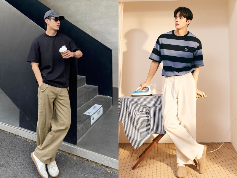 phối đồ nam gầy với áo thun và quần kaki sáng