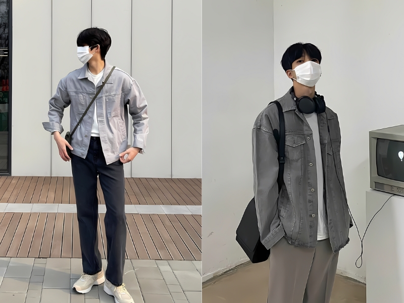 phối đồ với áo khoác jean nam màu xám
