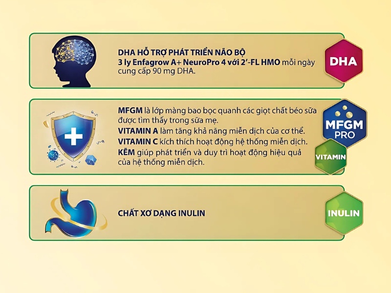 Sữa bột Enfagrow A+ NeuroPro với 3 dưỡng chất: DHA, MFGM Pro & Vitamin, Inulin