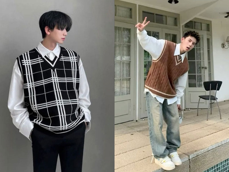 Phối áo sơ mi trắng với áo gile len nam