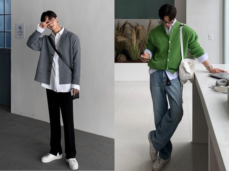phối áo sơ mi nam với áo cardigan