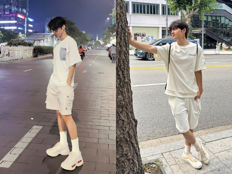Áo thun trắng phối đồ với quần sooc trắng 