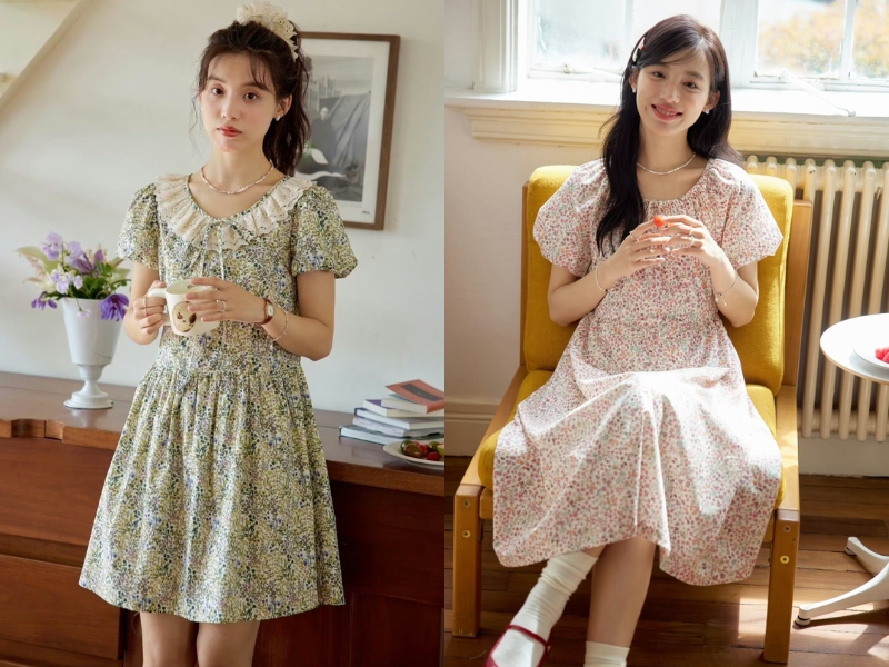 cách phối đồ nữ gầy với các kiểu váy hoa tay bồng